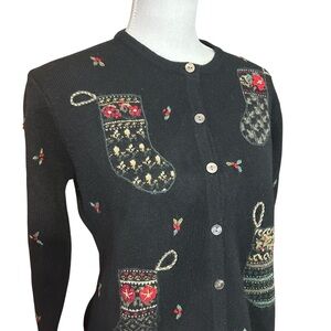 Vintage Talbots Petite Womens Wool Cottagecore Embroidered Cardigan Size S Black